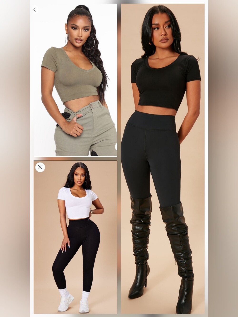 Trio Set Fashion Nova Cropped V-Neck Tees - Black, Olive, White